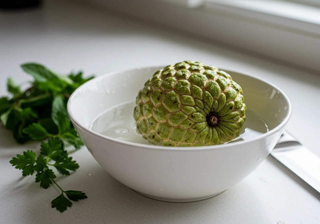 Washing chirimoya fruit in preparation for a delicious chirimoya arbol dish.