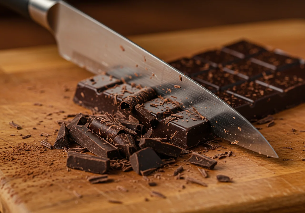 Chopped dark chocolate on a cutting board for Chocolate Belga Gourmet preparation.
