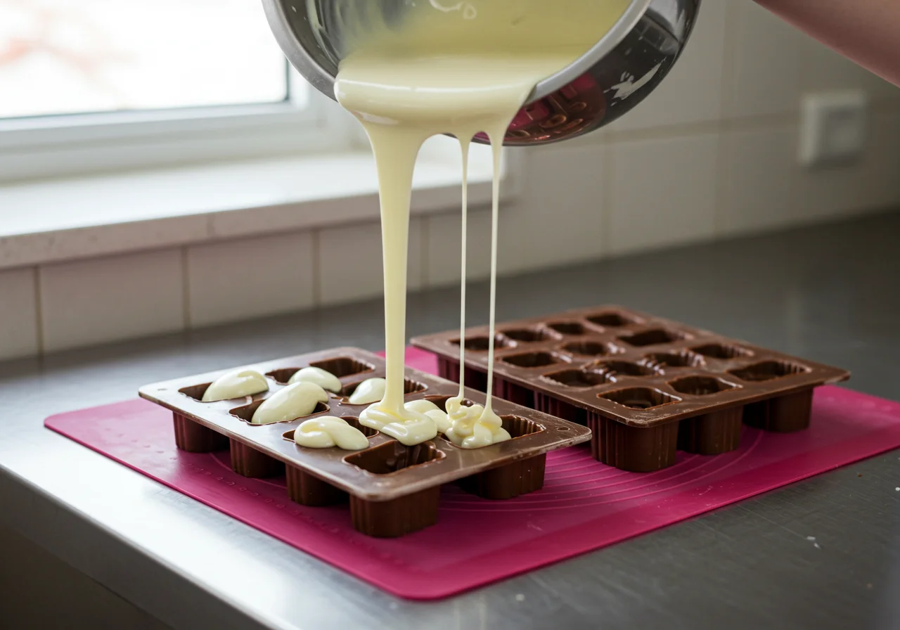 Mezclando chocolate blanco sin azucar en moldes en la cocina.