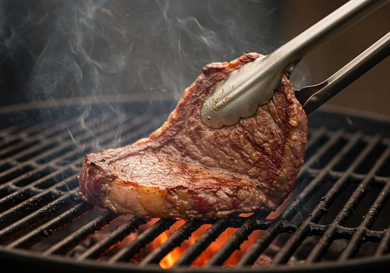 Dando vuelta al churrasco de ternera en la parrilla para una cocción perfecta.