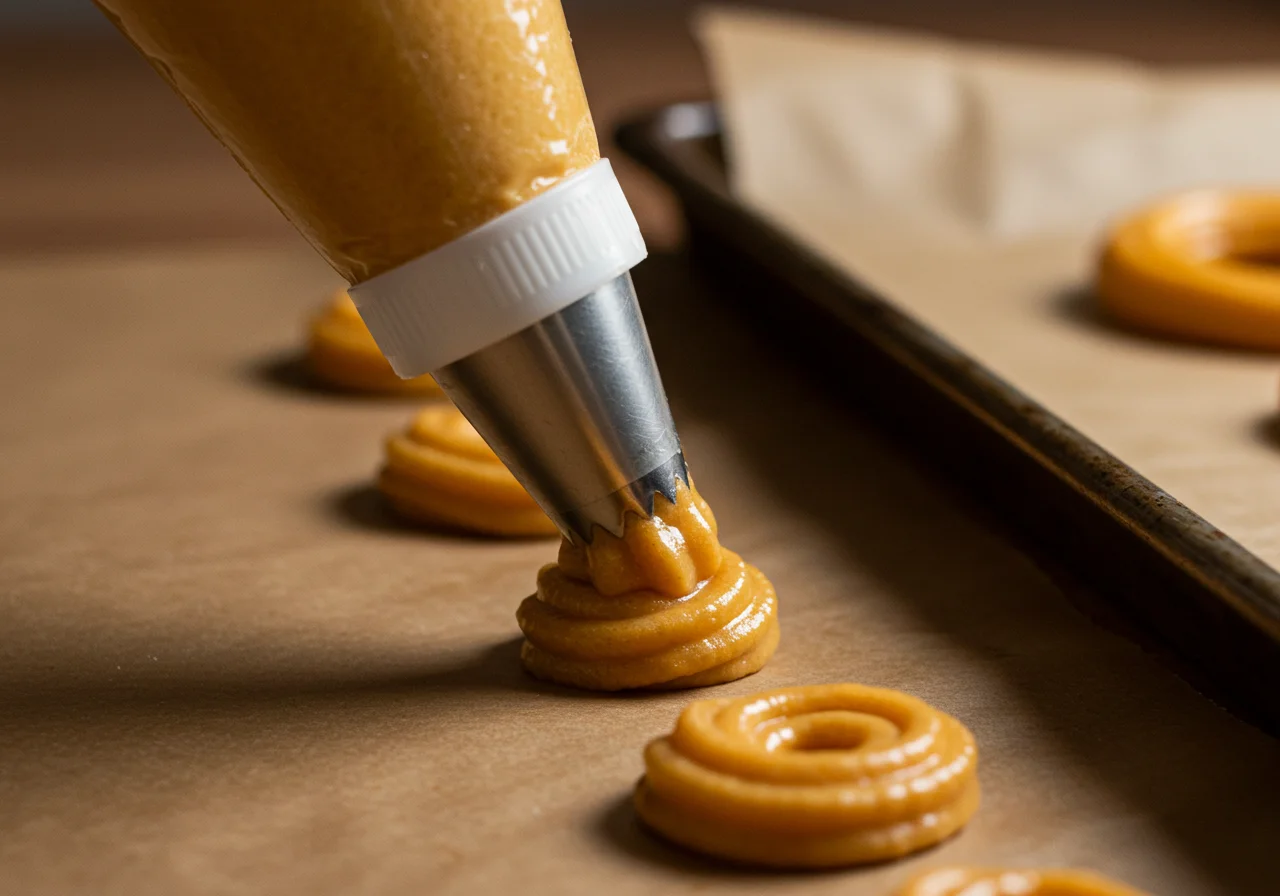 Piping churro dough for churros de pescado onto a baking sheet ready for frying.