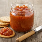 Chutney de tomate casero en un frasco, listo para ser degustado con galletas.