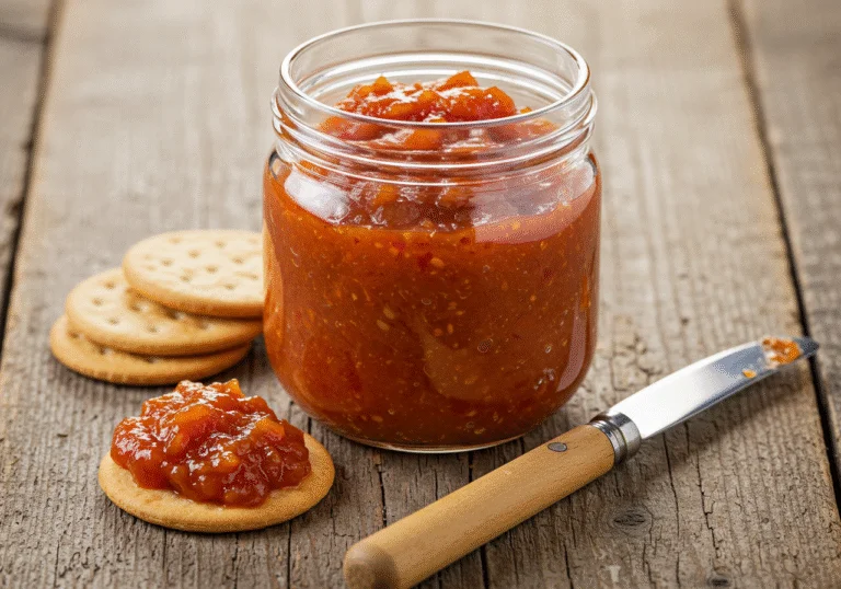 Chutney de tomate casero en un frasco, listo para ser degustado con galletas.