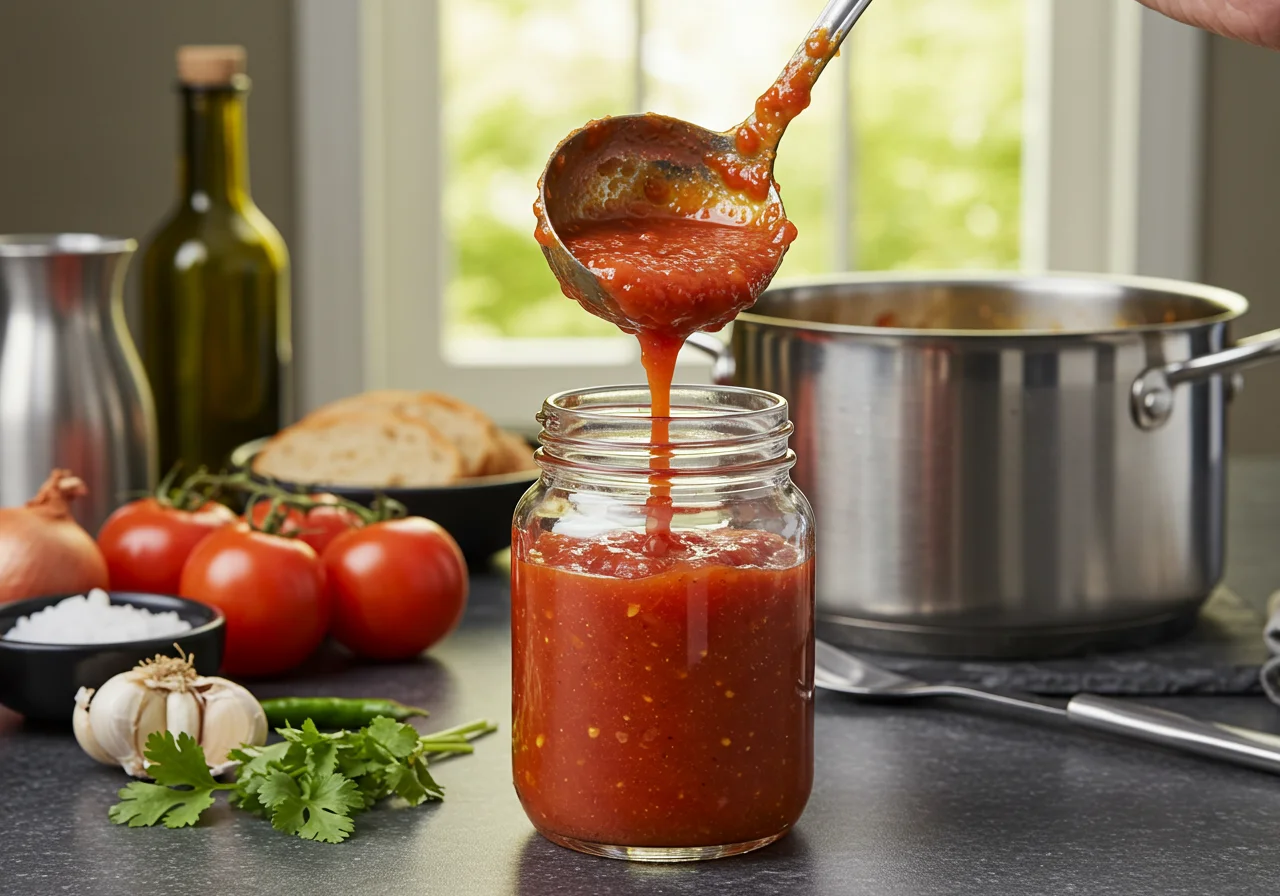 Llenando un frasco con chutney de tomate casero recién hecho desde la olla.