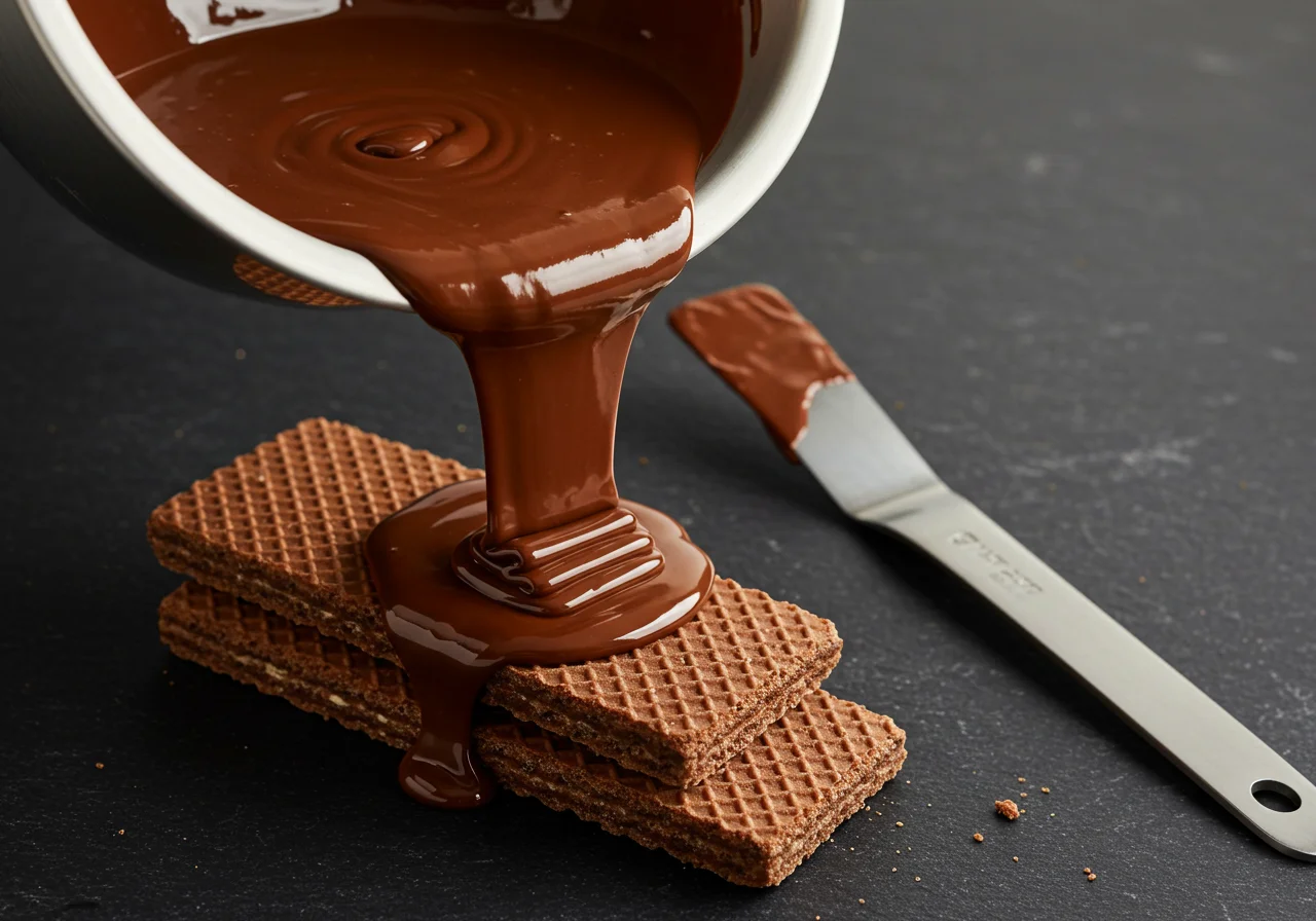 Melted chocolate being prepared to fill cigarrillo de chocolate wafers.