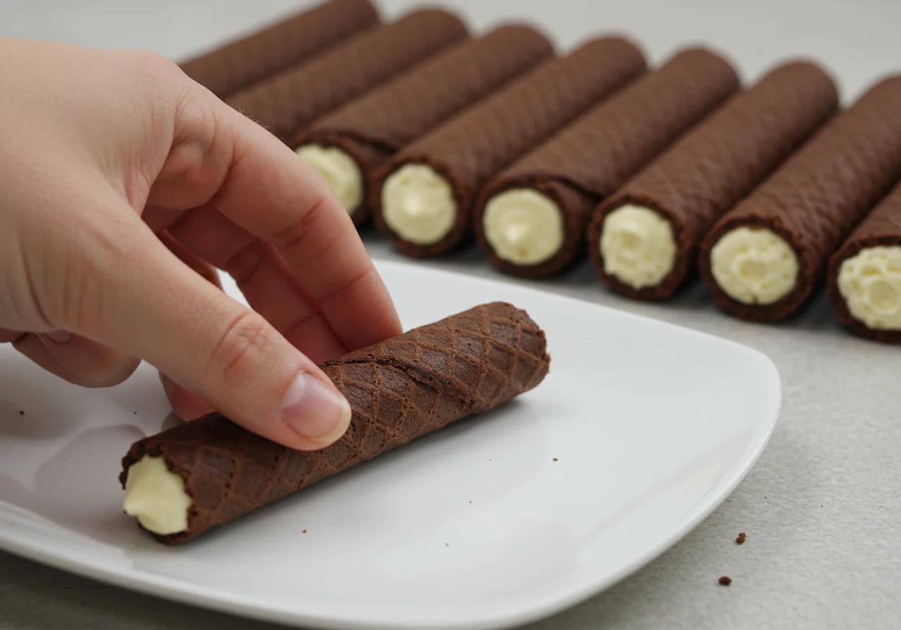 Rolled cigarrillo de chocolate on a plate, ready for serving.