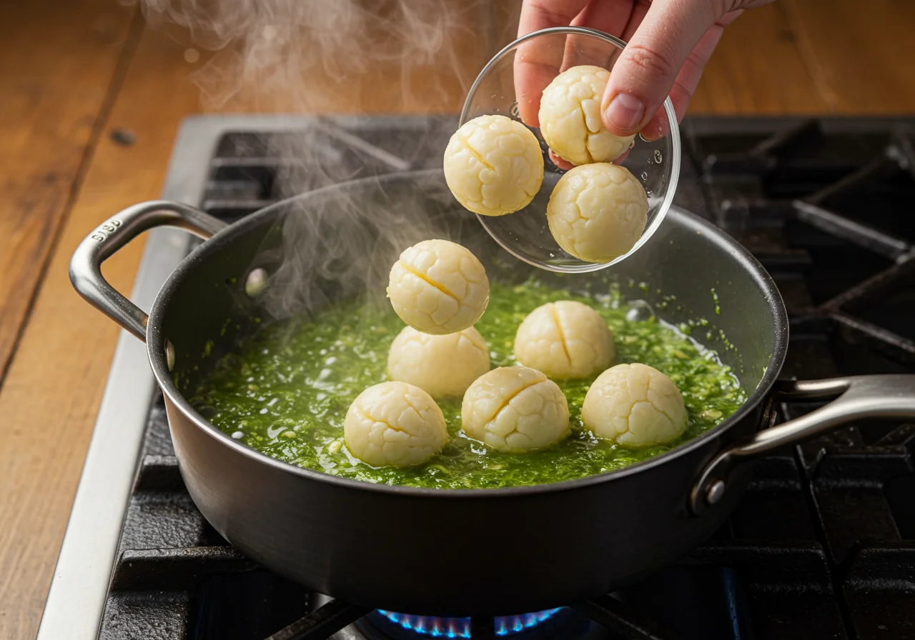 Cocochas de bacalao simmering in salsa verde on the stovetop.