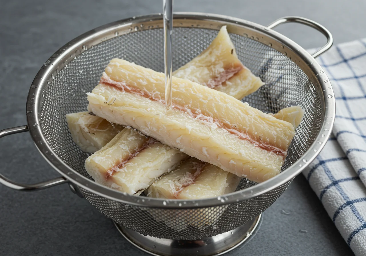 Enjuagar el bacalao desalado bajo agua fría para preparar bacalao en salazón.
