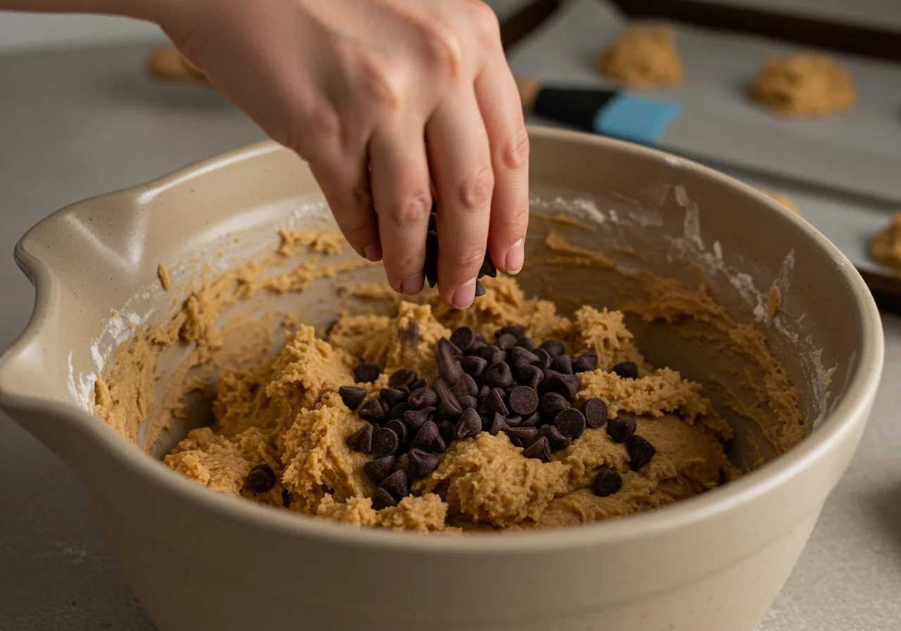 Chips de chocolate siendo añadidos a la masa de galletas casera en un tazón.