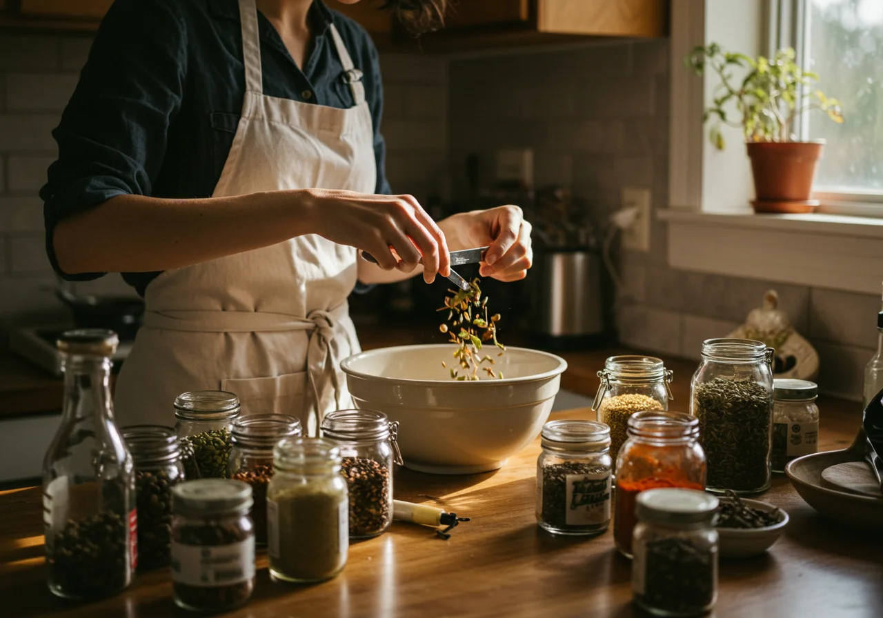 Agregando hierbas y especias a la mezcla de crema de queso para un delicioso sabor.