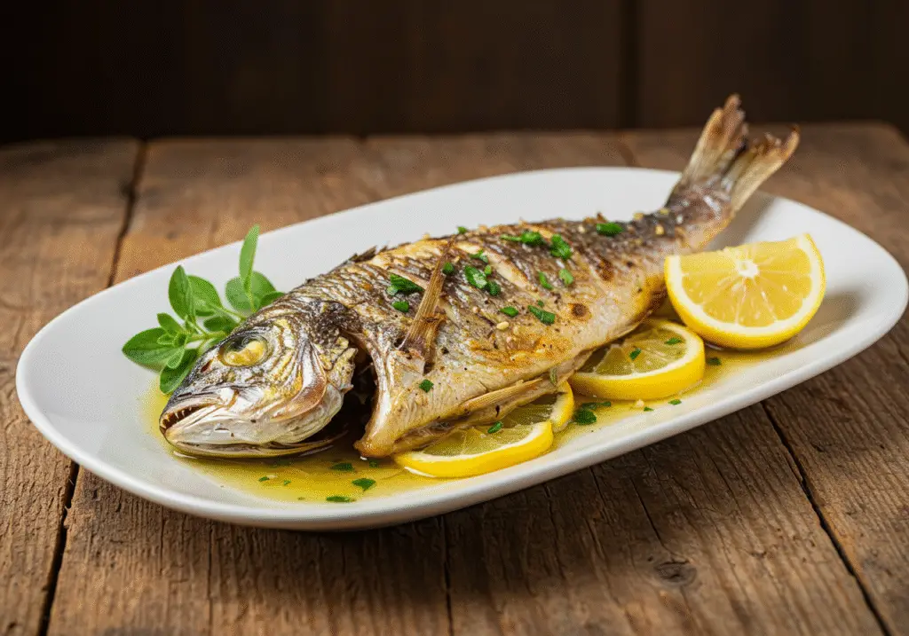 Dorada al horno lista para servir, decorada con hierbas y limón para disfrutar.