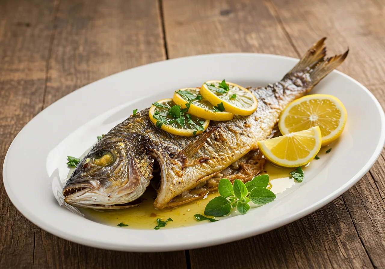 Dorada al horno lista para servir, decorada con hierbas y limón para disfrutar.