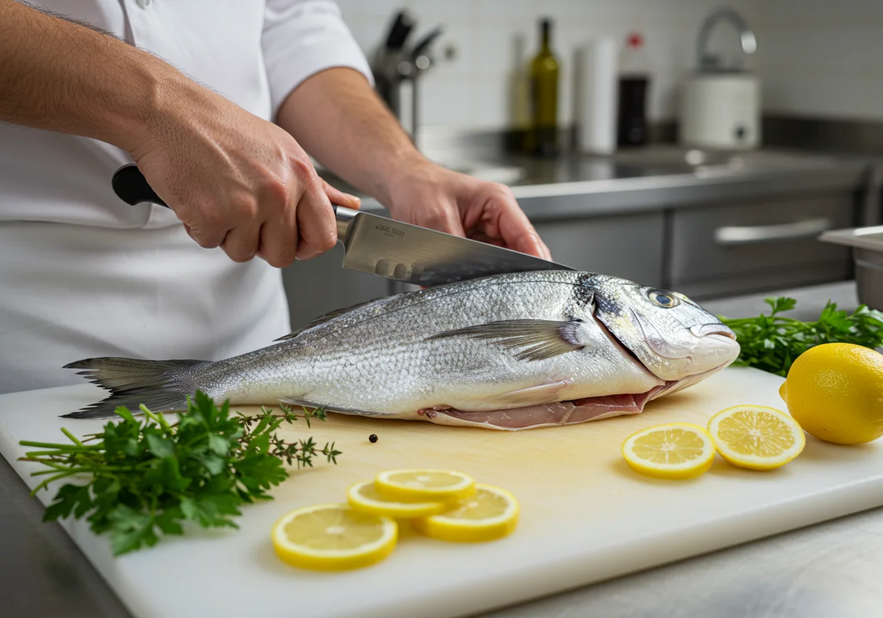 Preparación de dorada pescado en la cocina con hierbas y limón para la receta de dorada al horno.