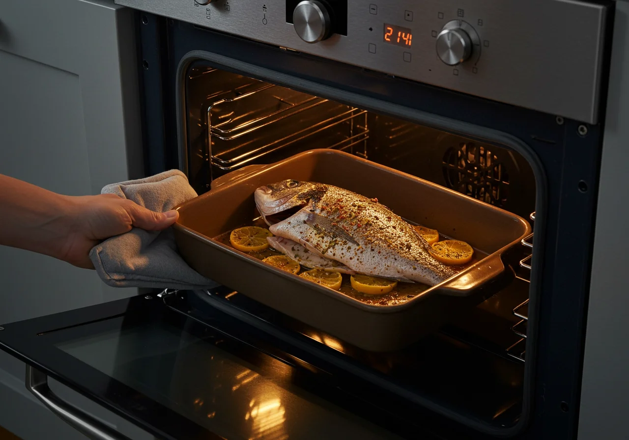 Dorada pescado lista para hornear colocada en el horno para la receta de dorada al horno.