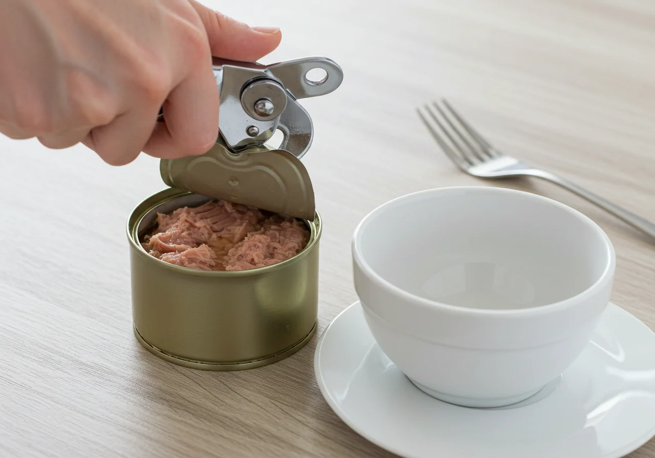 Abrir una lata de atún para agregar a la ensalada de pasta.