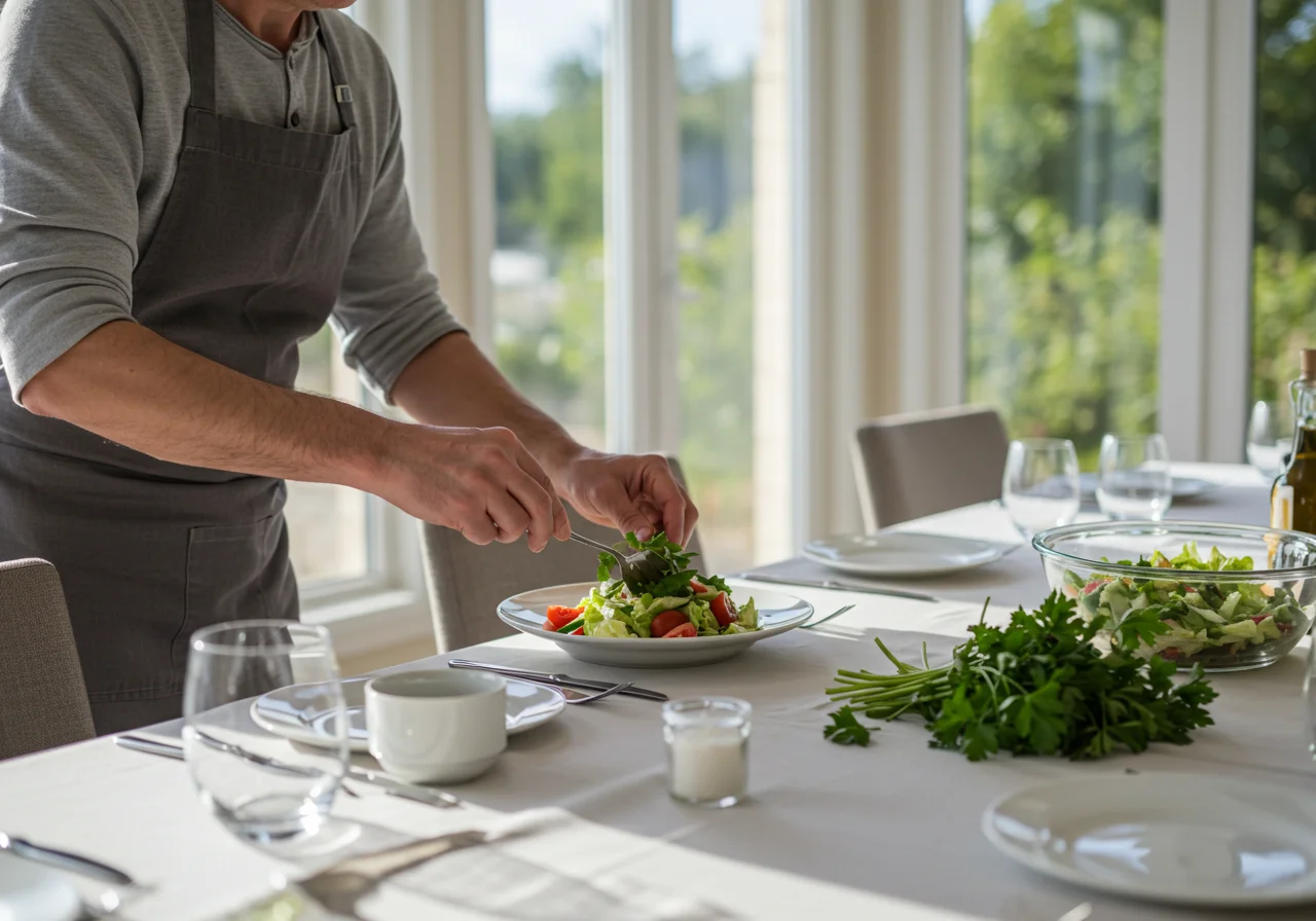 Service de l'ensalada de pollo española garnie de persil frais.