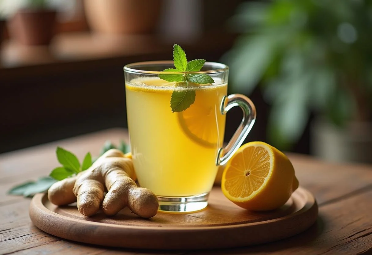 Rodajas de jengibre y limón siendo agregadas al agua hirviendo para hacer té de jengibre y limón.