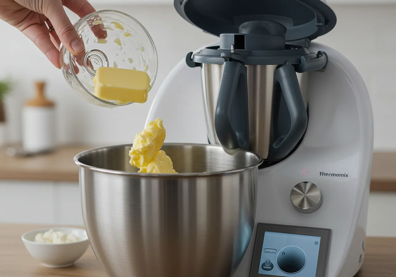 Adding butter to the Thermomix for preparing galletas de mantequilla thermomix.