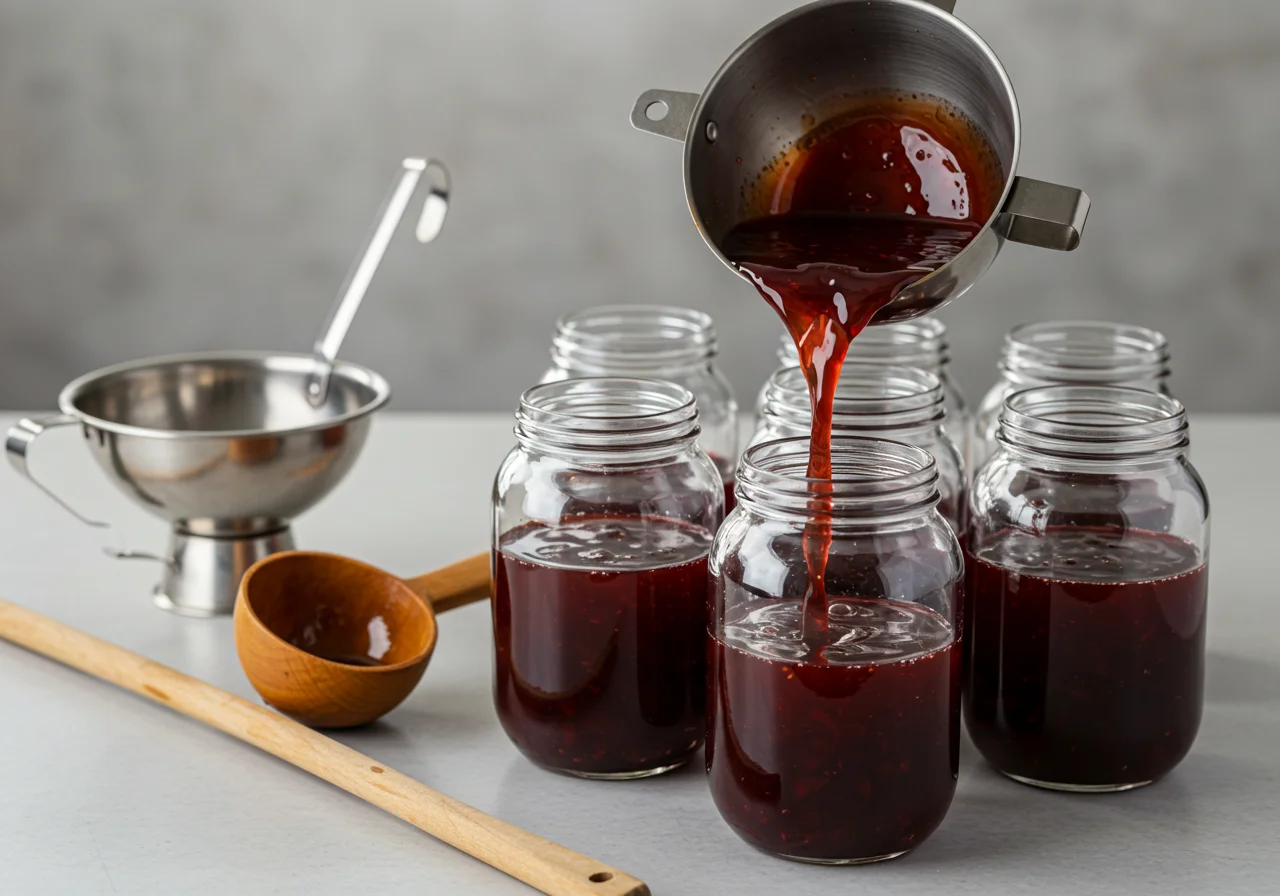 Filling jars with higo tinto to preserve homemade fig jam.