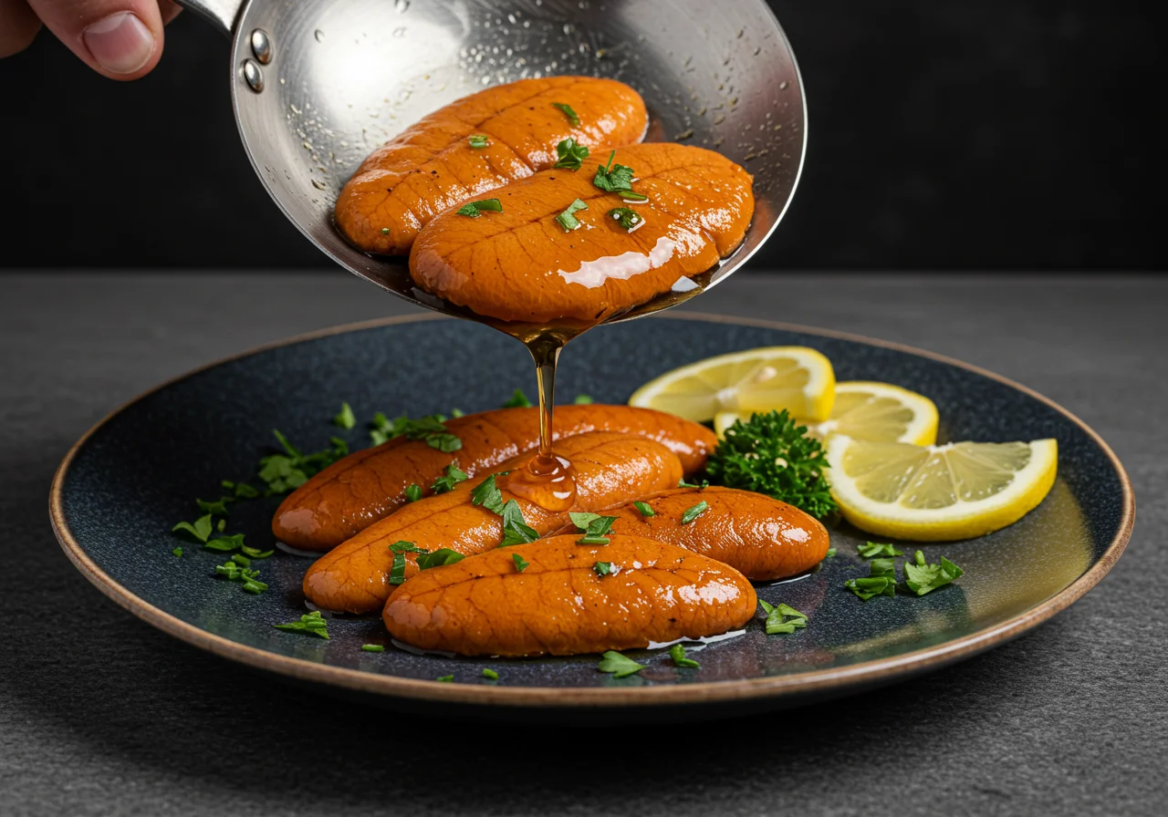 Cooked hueva a la plancha being served on a plate with garnishes.