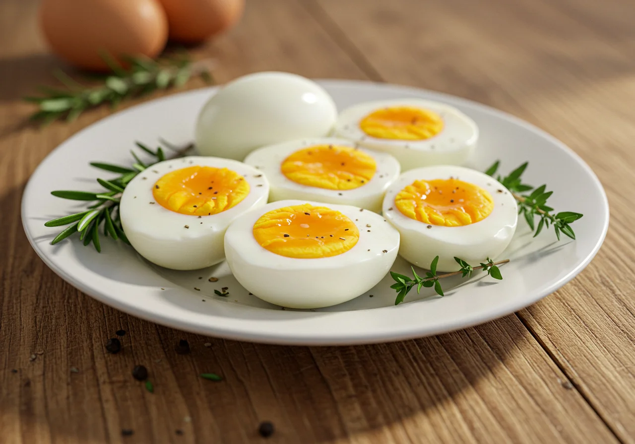 Huevos duros perfectos en un plato, ideales para servir y disfrutar, enseñando como cocer huevos duros y que se pelen bien.