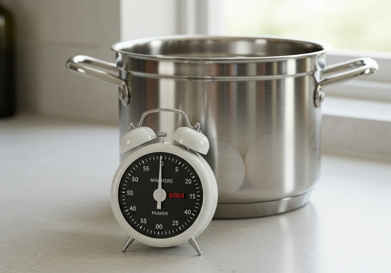 Temporizador en la cocina señalando el tiempo de cocción para huevos duros perfectos.