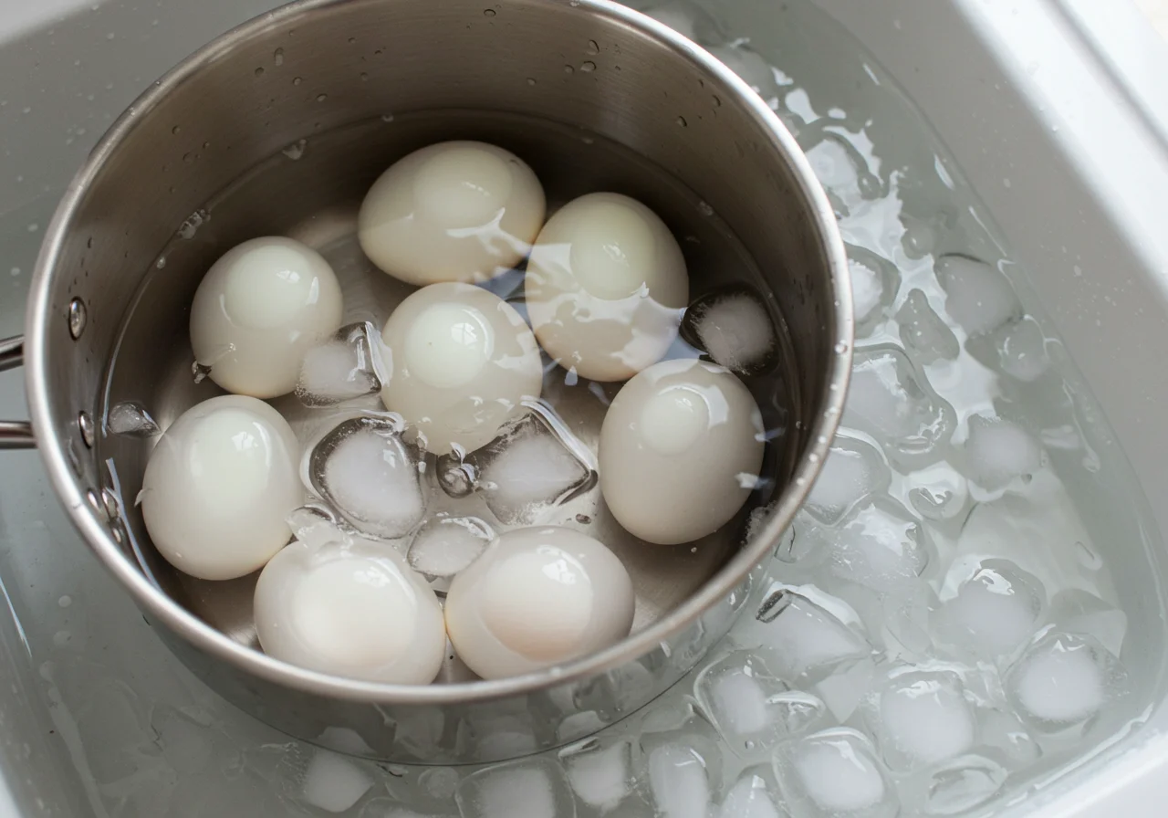 Huevos cocidos en agua helada para enfriar, asegurando que se pelan bien después de cocerlos.