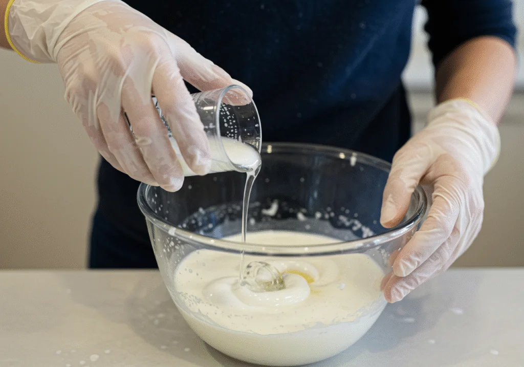 Añadiendo sosa a la leche de burra para la elaboración de jabon de leche de burra artesanal.