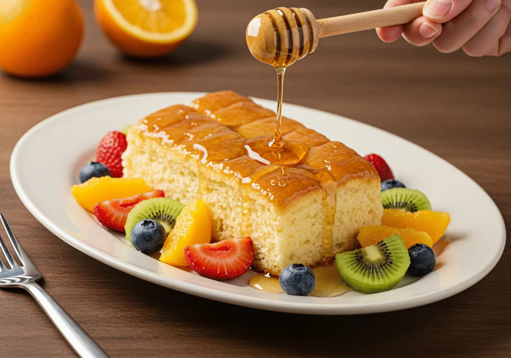 Finished leche nan 1 on a platter, garnished with honey and fruits, perfect for serving.