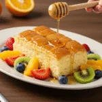 Finished leche nan 1 on a platter, garnished with honey and fruits, perfect for serving.