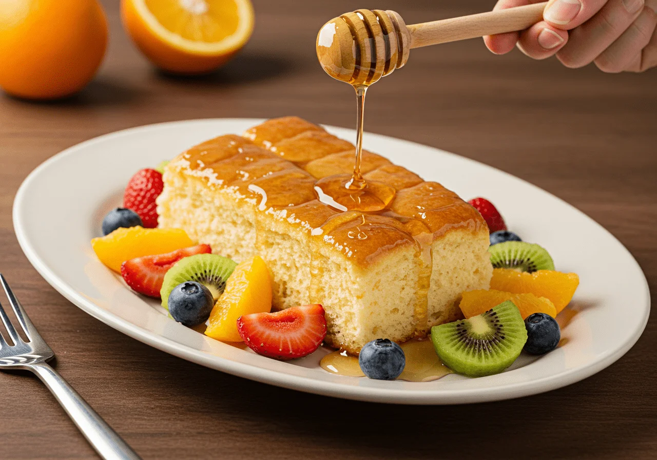 Finished leche nan 1 on a platter, garnished with honey and fruits, perfect for serving.