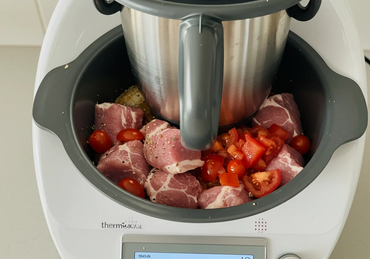 Cooking diced pork and tomatoes in Thermomix for carne con tomate thermomix.
