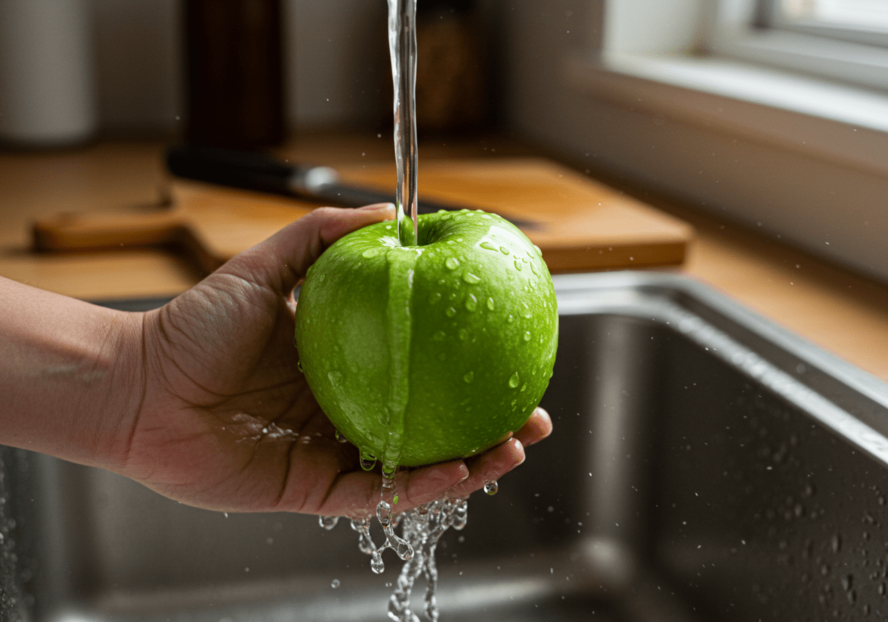 Limpieza de una manzana verde Granny Smith en el fregadero para la receta de manzana verde.