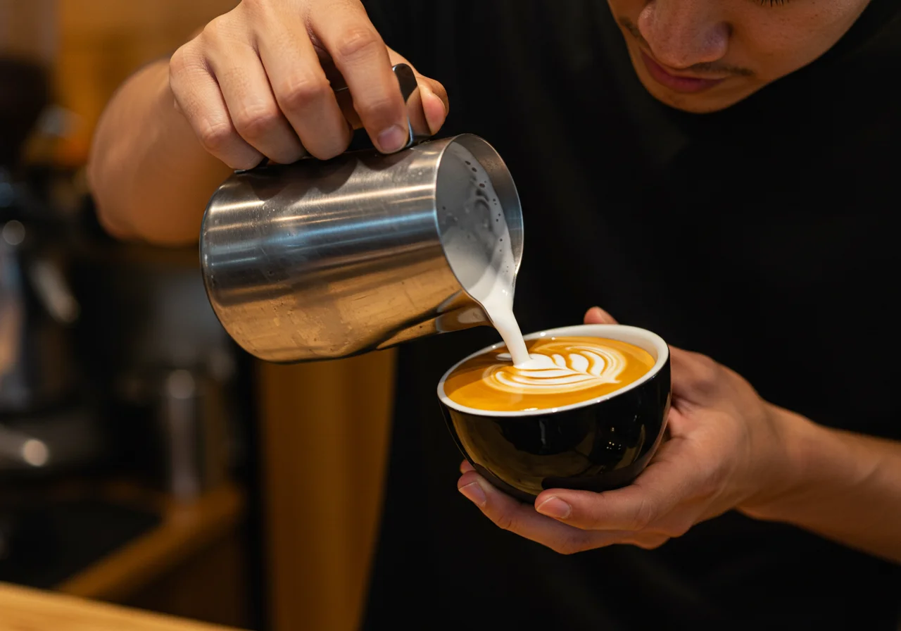 Barista vertiendo leche espumosa para decorar el café gourmet en la taza.