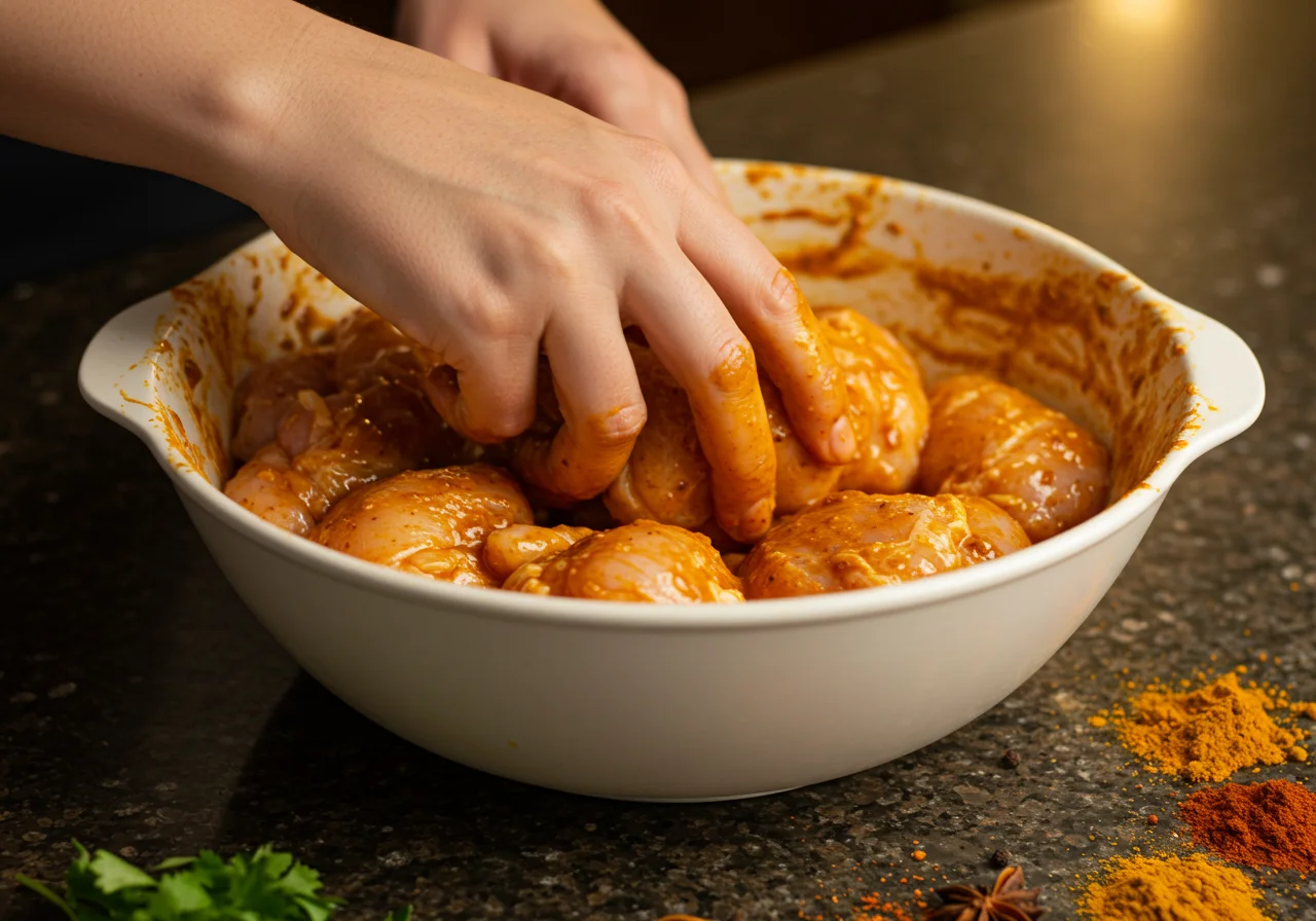 Pollo bien mezclado en el marinado de pollo casero con aceite y especias.