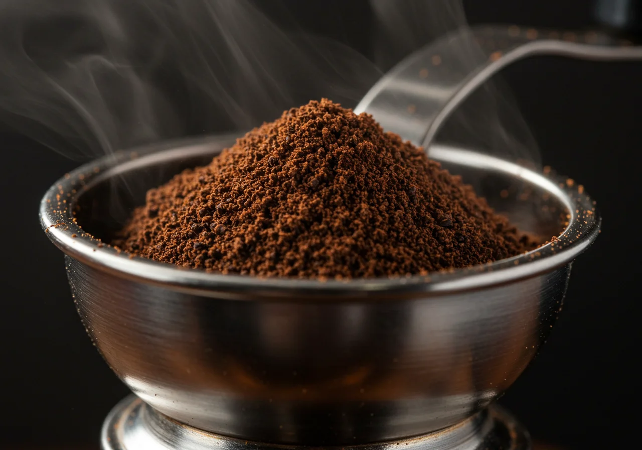 Café recién molido saliendo del molinillo de café manual, listo para hacer una deliciosa taza de café.