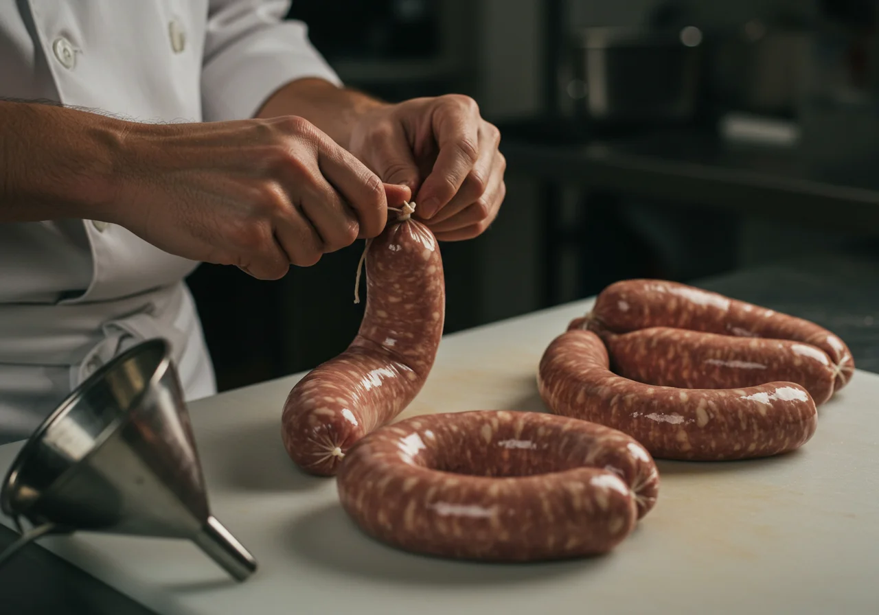 Stuffing sausage casings for making morcilla de leon, highlighting traditional techniques.