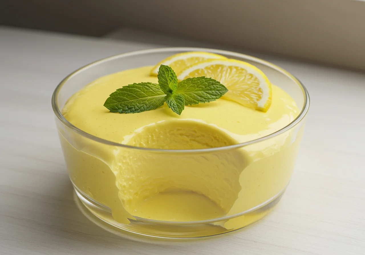 Mousse de limón thermomix terminada, decorada con hojas de menta y rodajas de limón, lista para disfrutar.