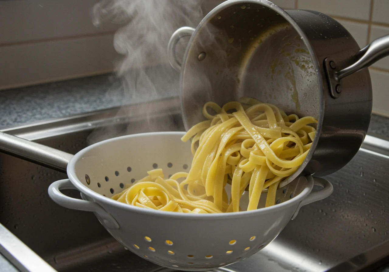 Colador en el fregadero drena pasta al agua cocida.