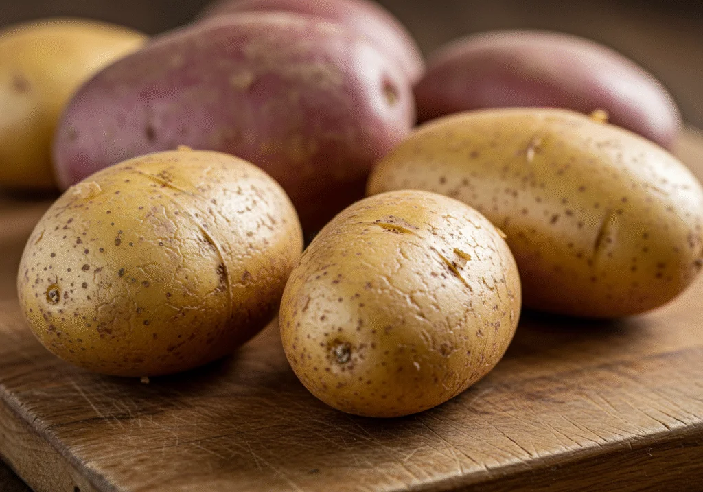 Raw patata agria potatoes arranged on a cutting board for homemade patata agria preparation.
