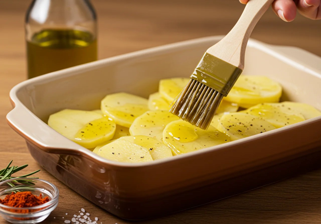 Brocha de aceite de oliva en un molde para preparar patatas rodajas al horno crujientes.