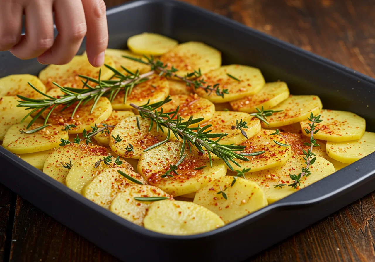 Capas de patatas rodajas al horno con especias para preparar patatas al horno crujientes.