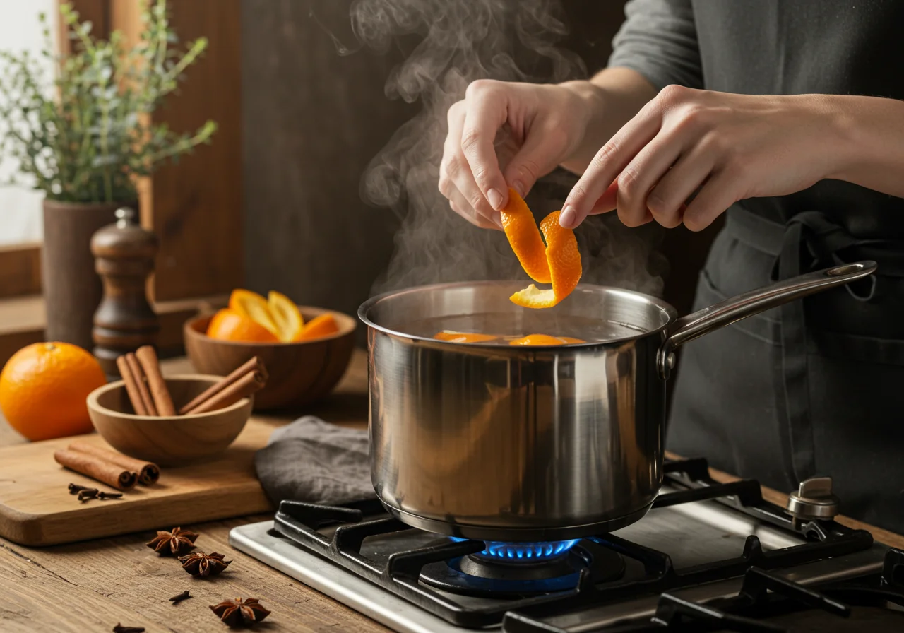 Orange peels being added to a saucepan to prepare piel de naranja confitada.