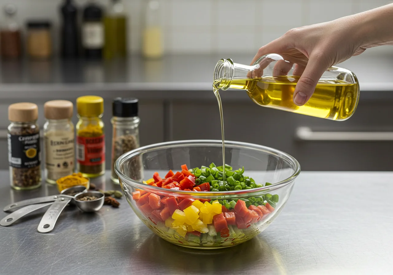 Olive oil and vinegar being added to chopped vegetables for salsa pimientos piquillo.