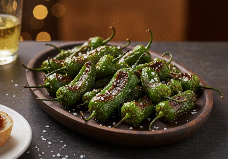 Deliciously presented Pimientos de Padron Fritos, perfect for sharing at any gathering.