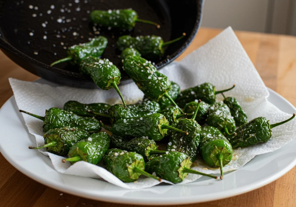 Fried pimientos de padron being removed from the pan onto a plate for extra crunch.