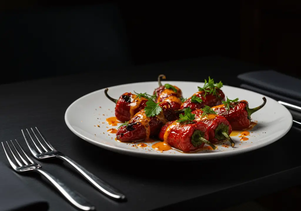 Delicious baked pimientos del piquillo served on a plate, perfect for sharing or enjoying as a meal.