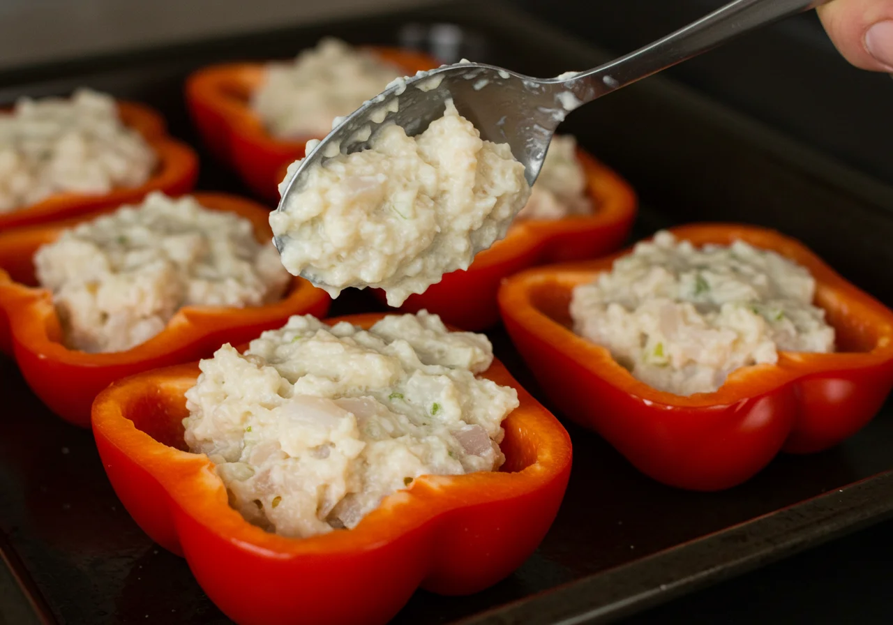Rellenando pimientos con la mezcla de bacalao en la receta de Pimientos Rellenos de Bacalao.