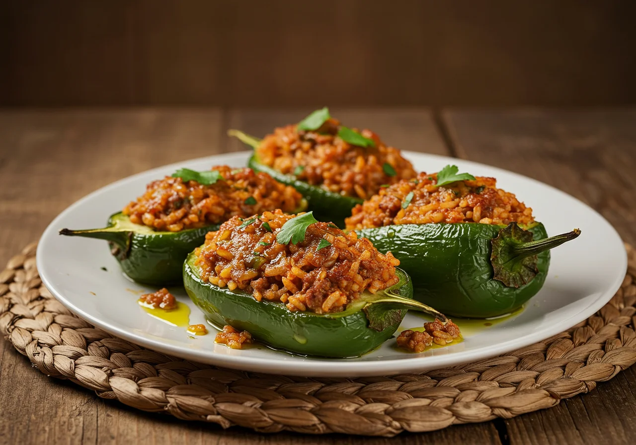 Pimientos Rellenos de Carne y Arroz recién horneados, perfectos para una comida deliciosa.