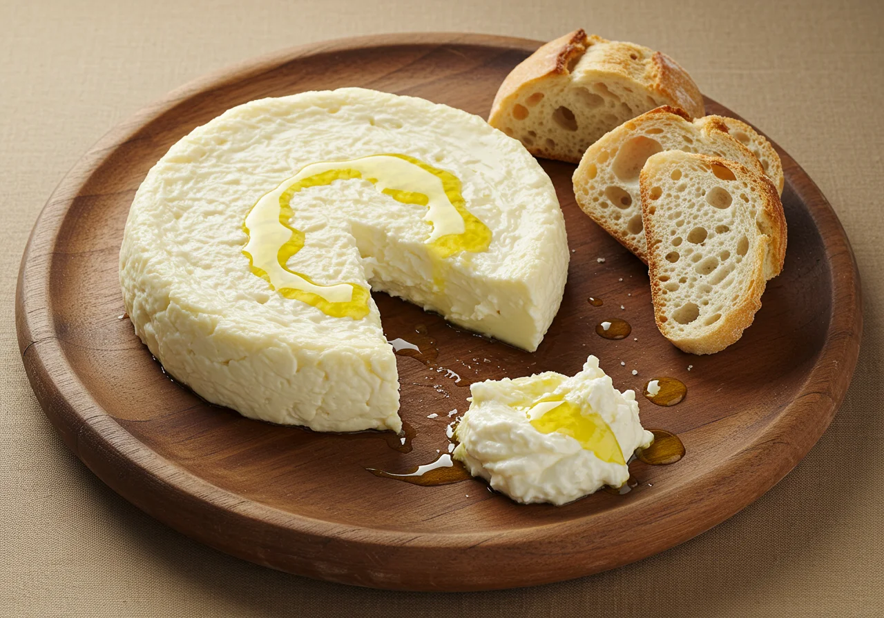 Preparation of a serving dish with Queso Gamonal Asturiano, crusty bread, and olive oil for an exquisite meal.
